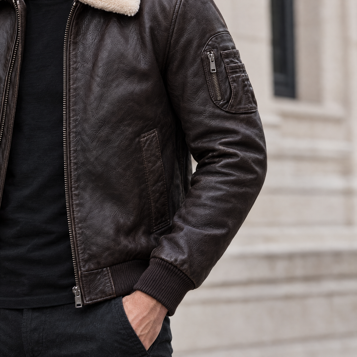 Men's Jimmy Leather Aviator Bomber Jacket With Shearling Collar — Deep Brown — sleeve-detail
