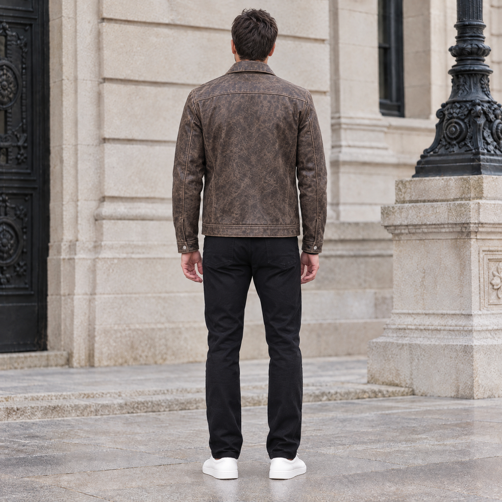 Men's Jonah Vintage Leather Shirt Jacket — Brown — full-body-back