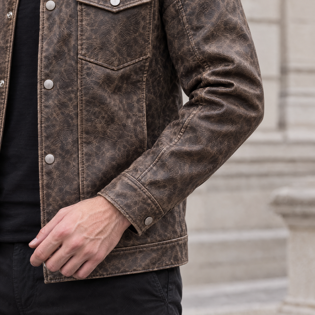 Men's Jonah Vintage Leather Shirt Jacket — Brown — sleeve-detail