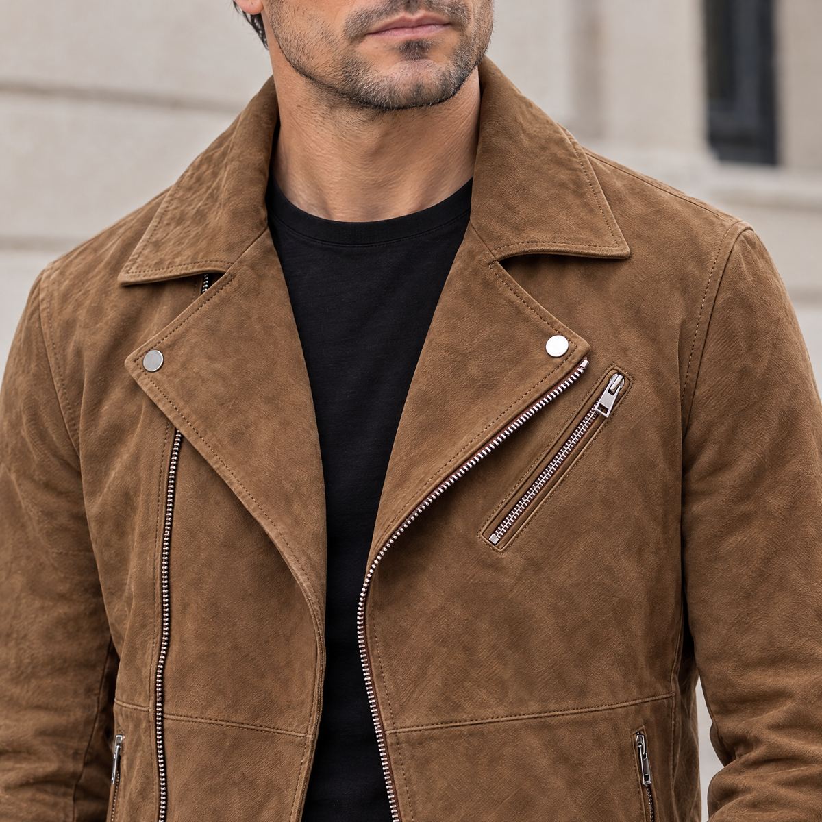Men's Joss Suede Moto Jacket — Cognac — chest-detail