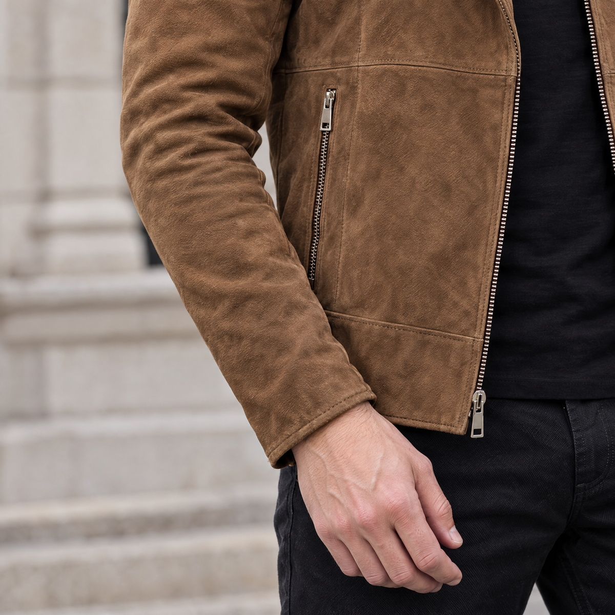 Men's Joss Suede Moto Jacket — Cognac — sleeve-detail