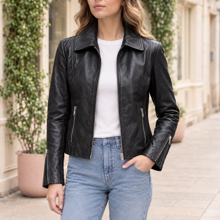 Women's Justine Shirt Collar Zip Jacket — Black — hero