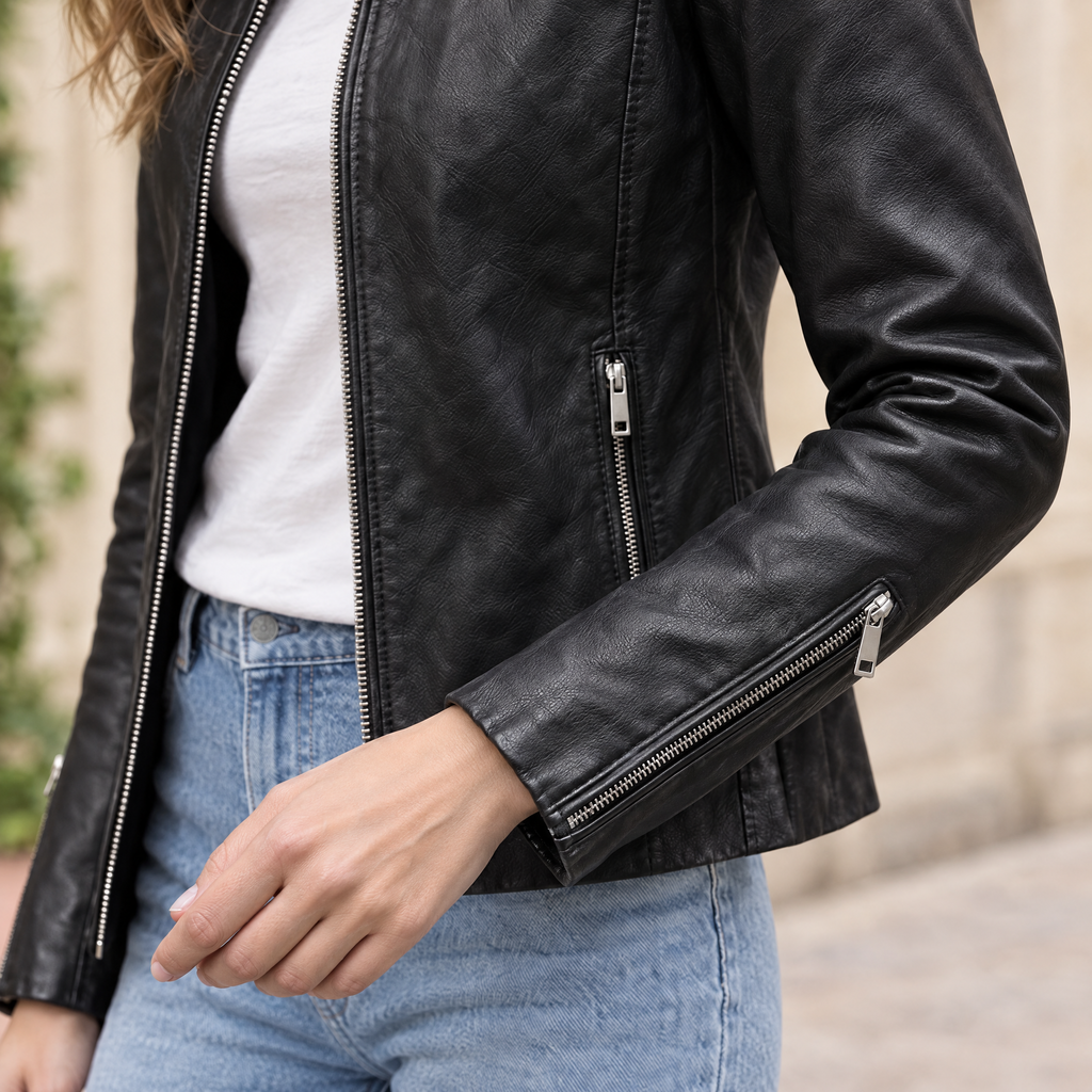 Women's Justine Shirt Collar Zip Jacket — Black — sleeve-detail