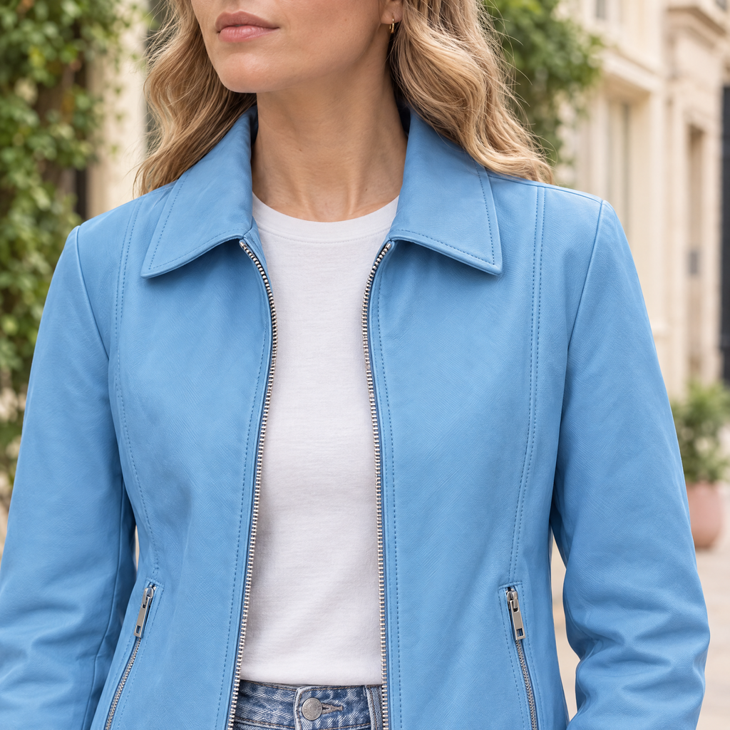 Women's Justine Shirt Collar Zip Jacket — Cornflower — chest-detail