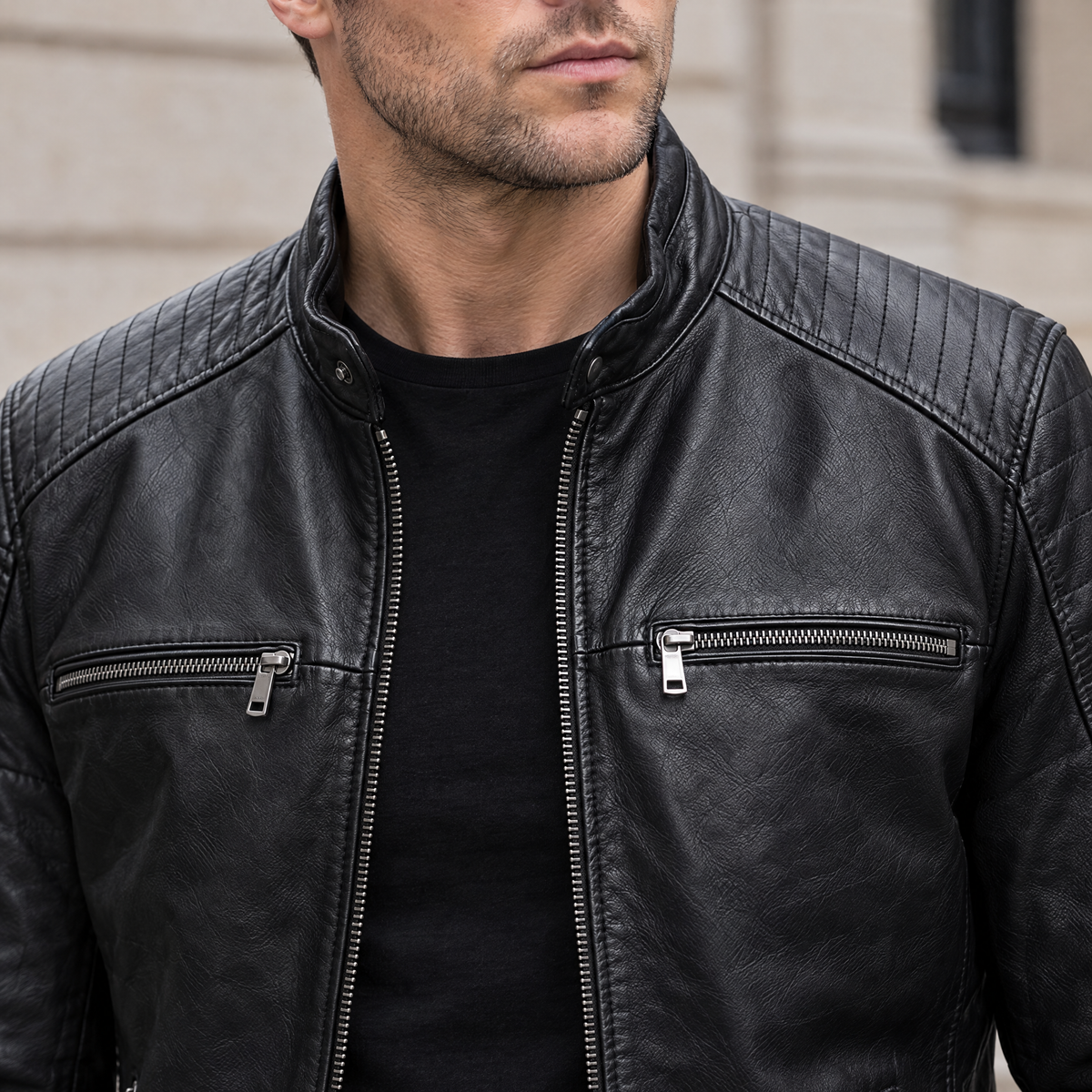 Men's Lance Collarless Moto Jacket — Black — chest-detail
