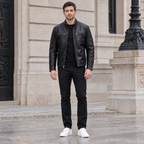 Men's Lance Collarless Moto Jacket — Black — full-body-front