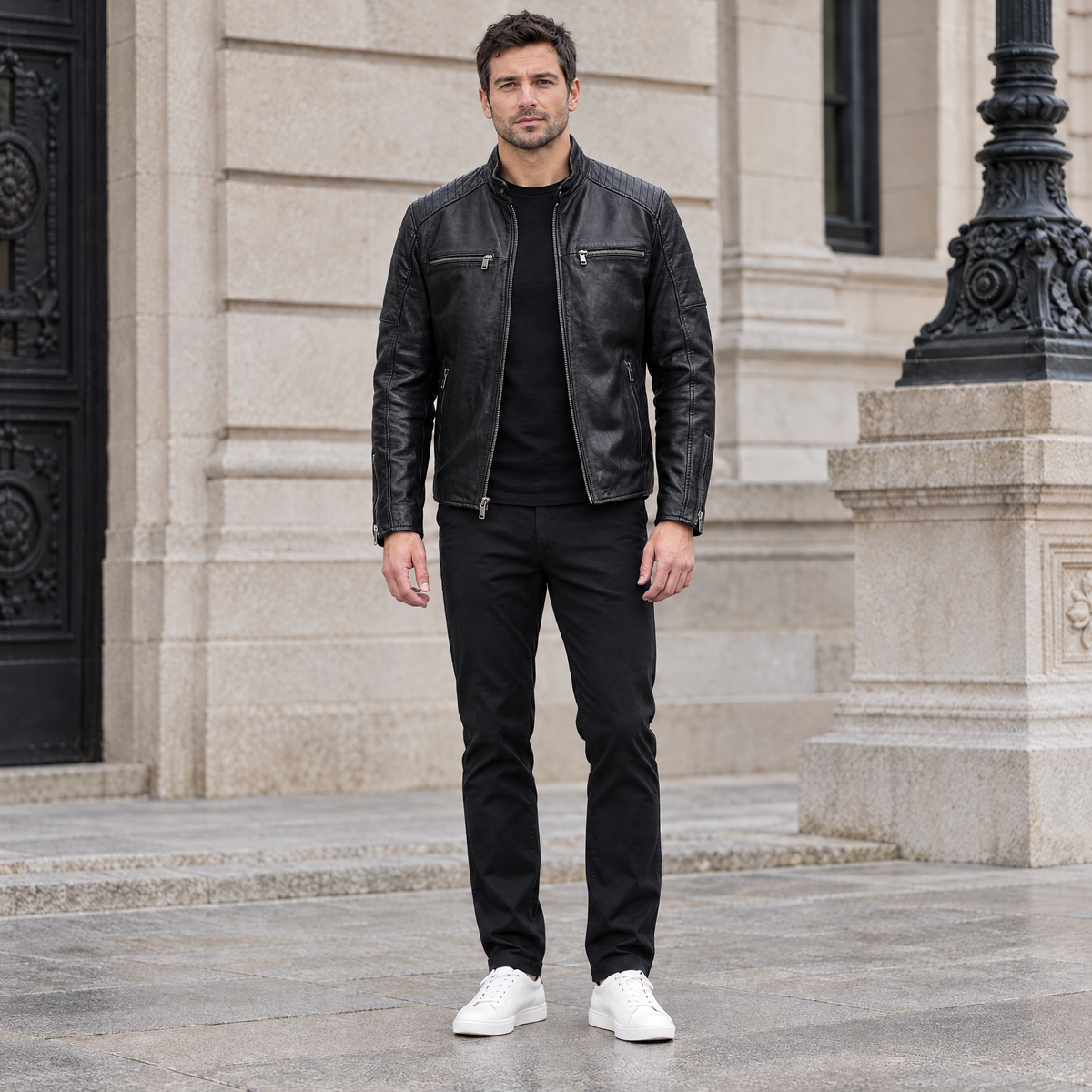 Men's Lance Collarless Moto Jacket — Black — full-body-front