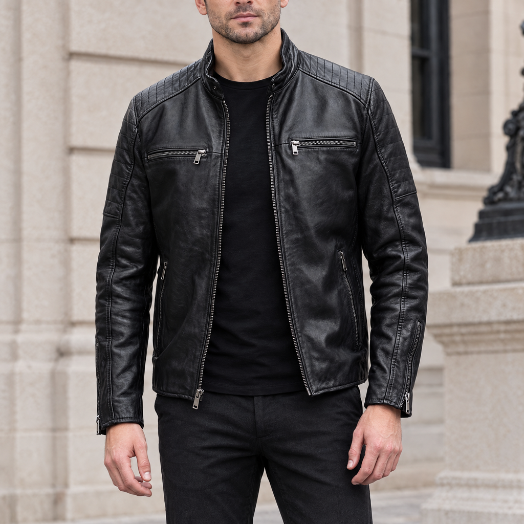 Men's Lance Collarless Moto Jacket — Black — hero