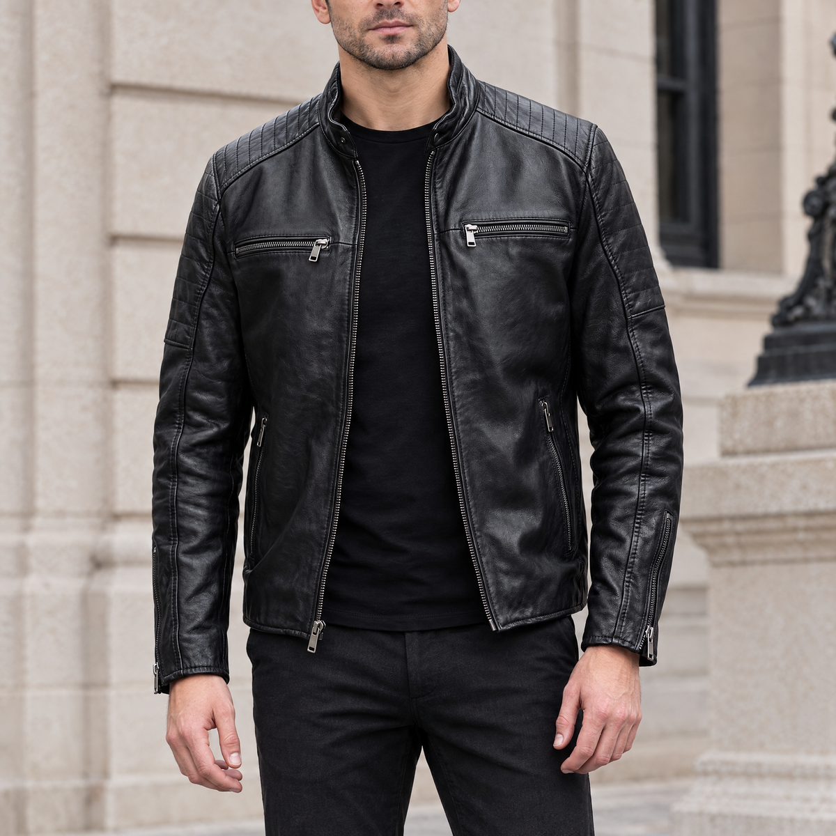 Men's Lance Collarless Moto Jacket — Black — hero