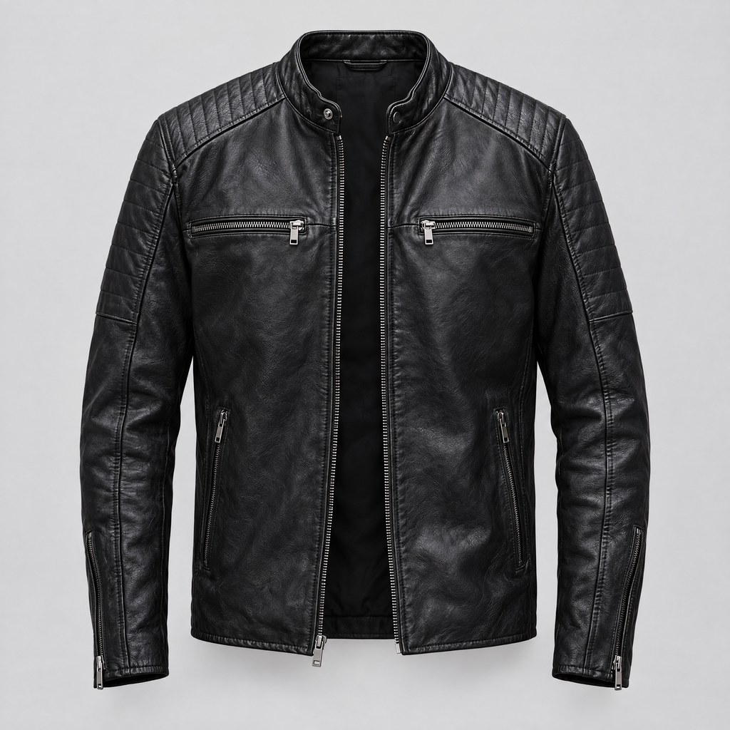 Men's Lance Collarless Moto Jacket — Black — product-front