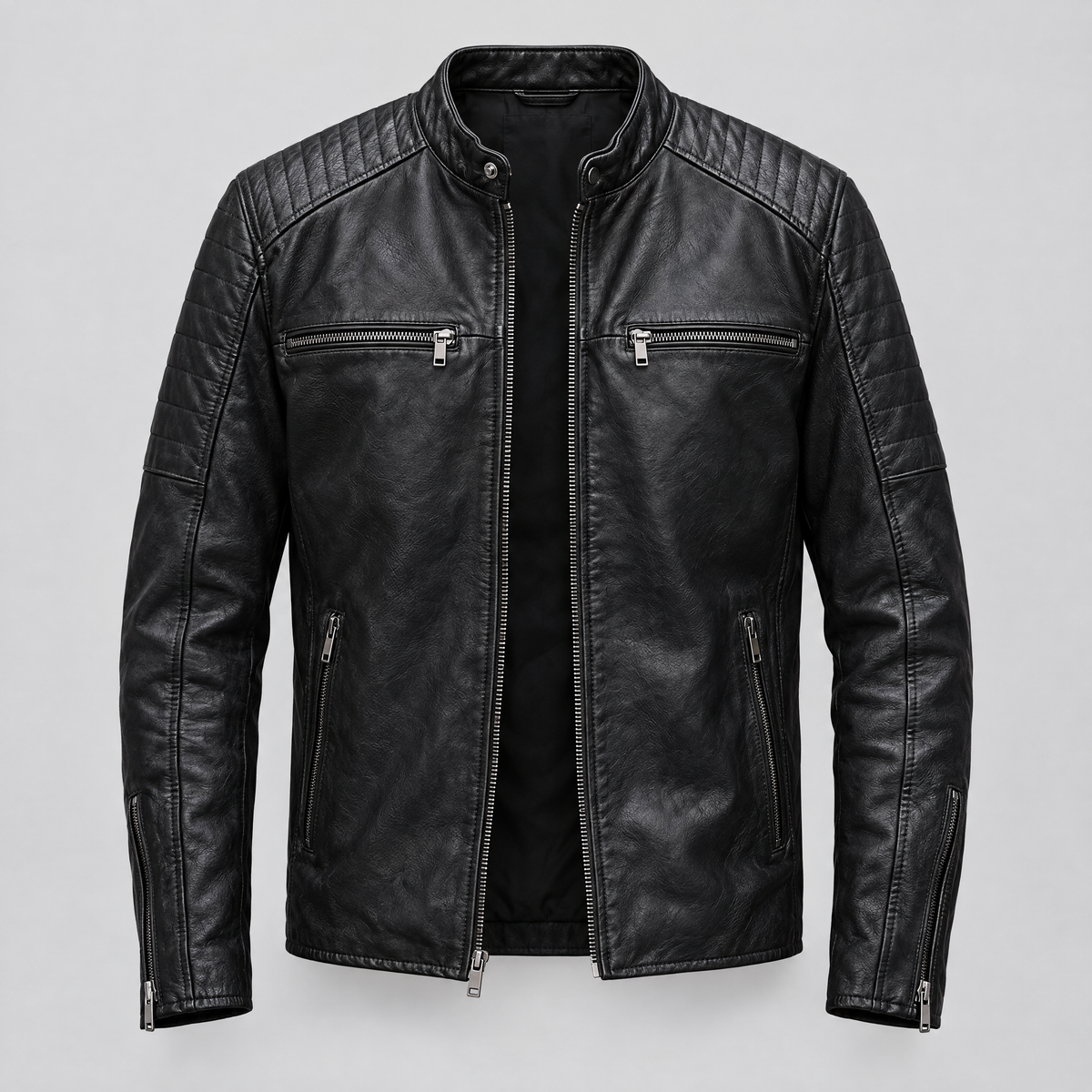 Men's Lance Collarless Moto Jacket — Black — product-front