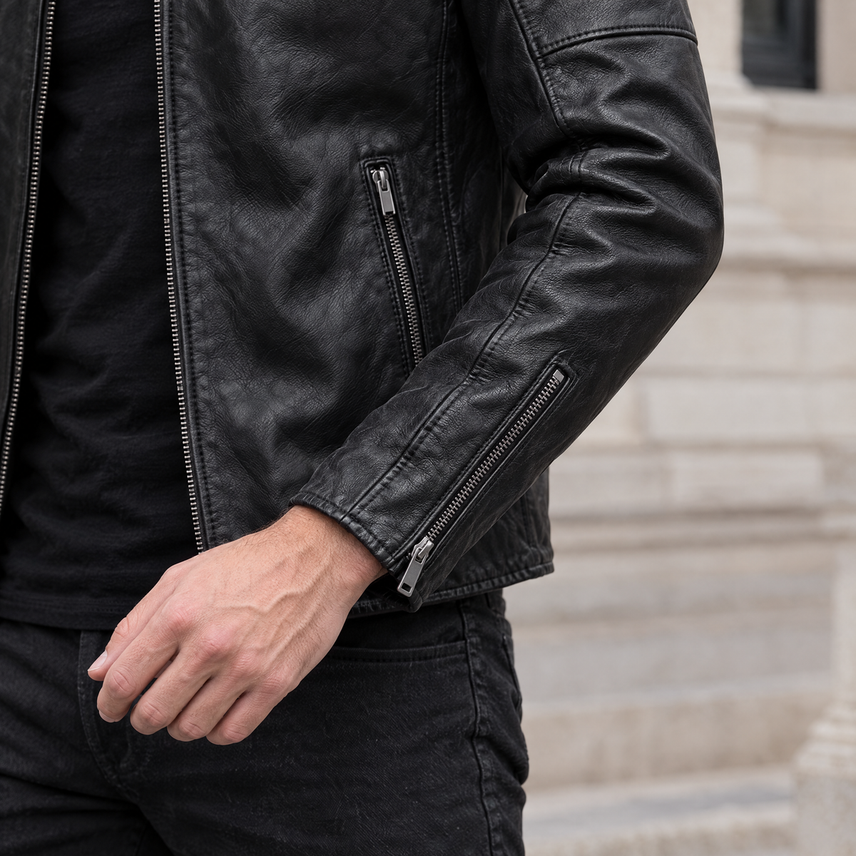 Men's Lance Collarless Moto Jacket — Black — sleeve-detail