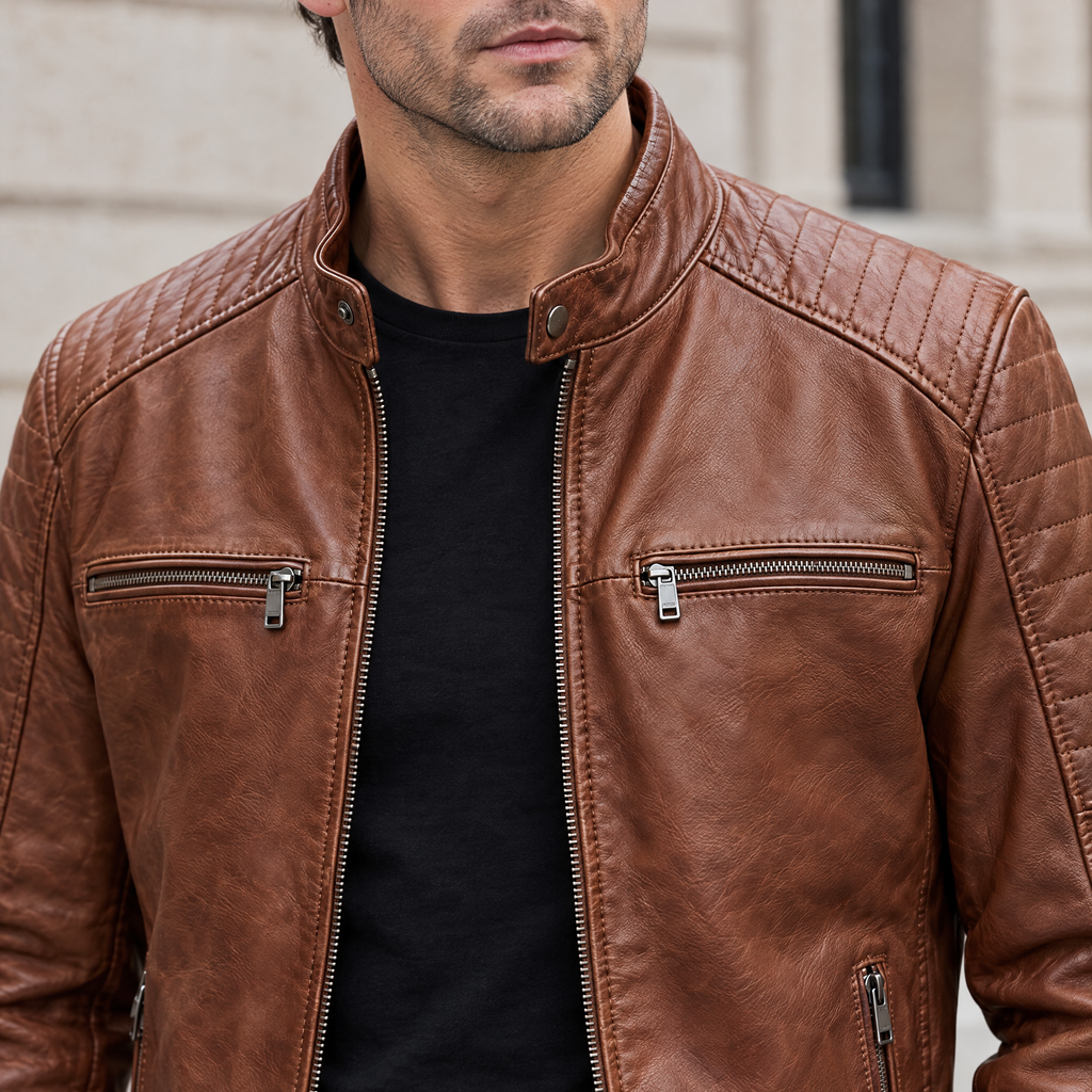 Men's Lance Collarless Moto Jacket — Brown — chest-detail