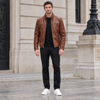 Men's Lance Collarless Moto Jacket — Brown — full-body-front