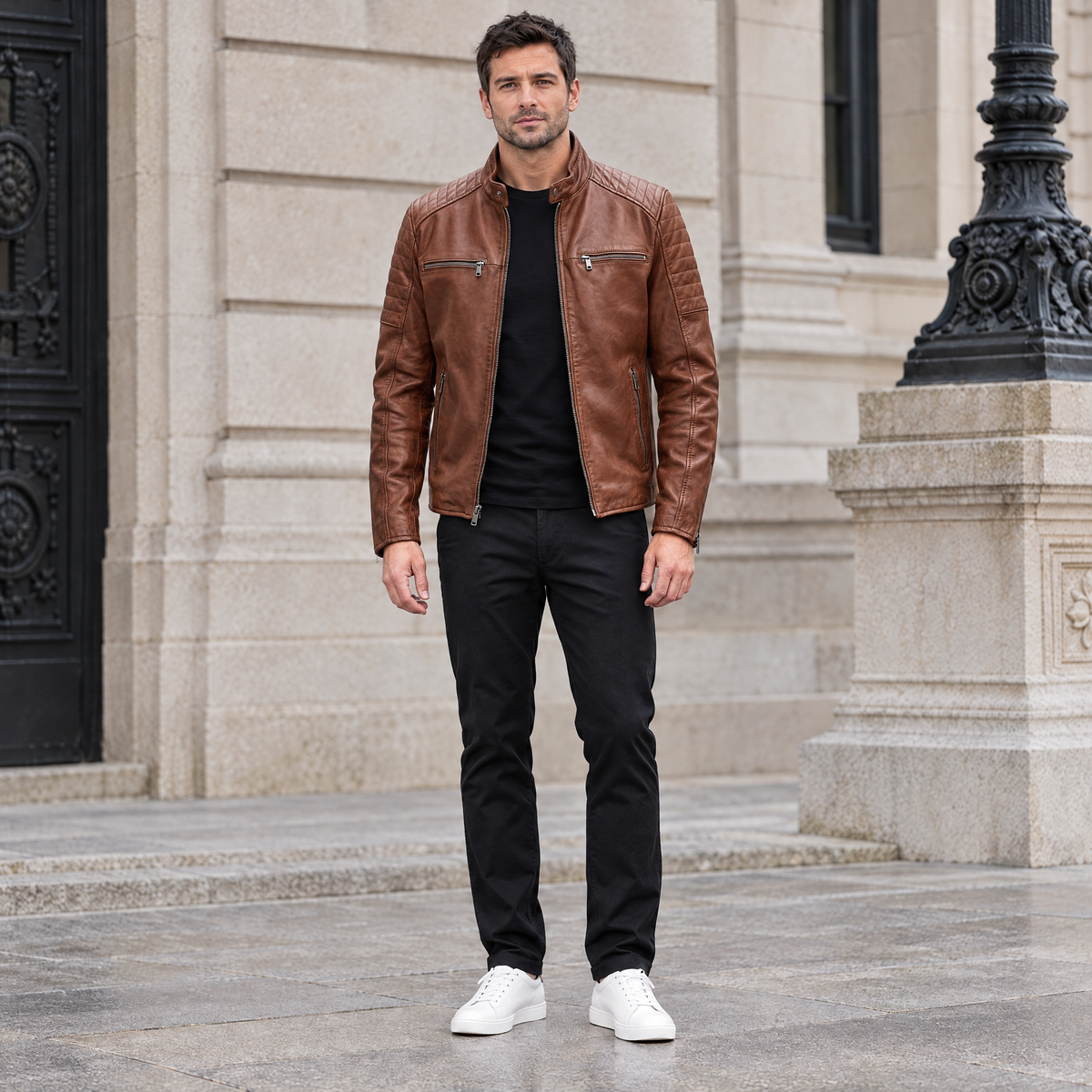 Men's Lance Collarless Moto Jacket — Brown — full-body-front