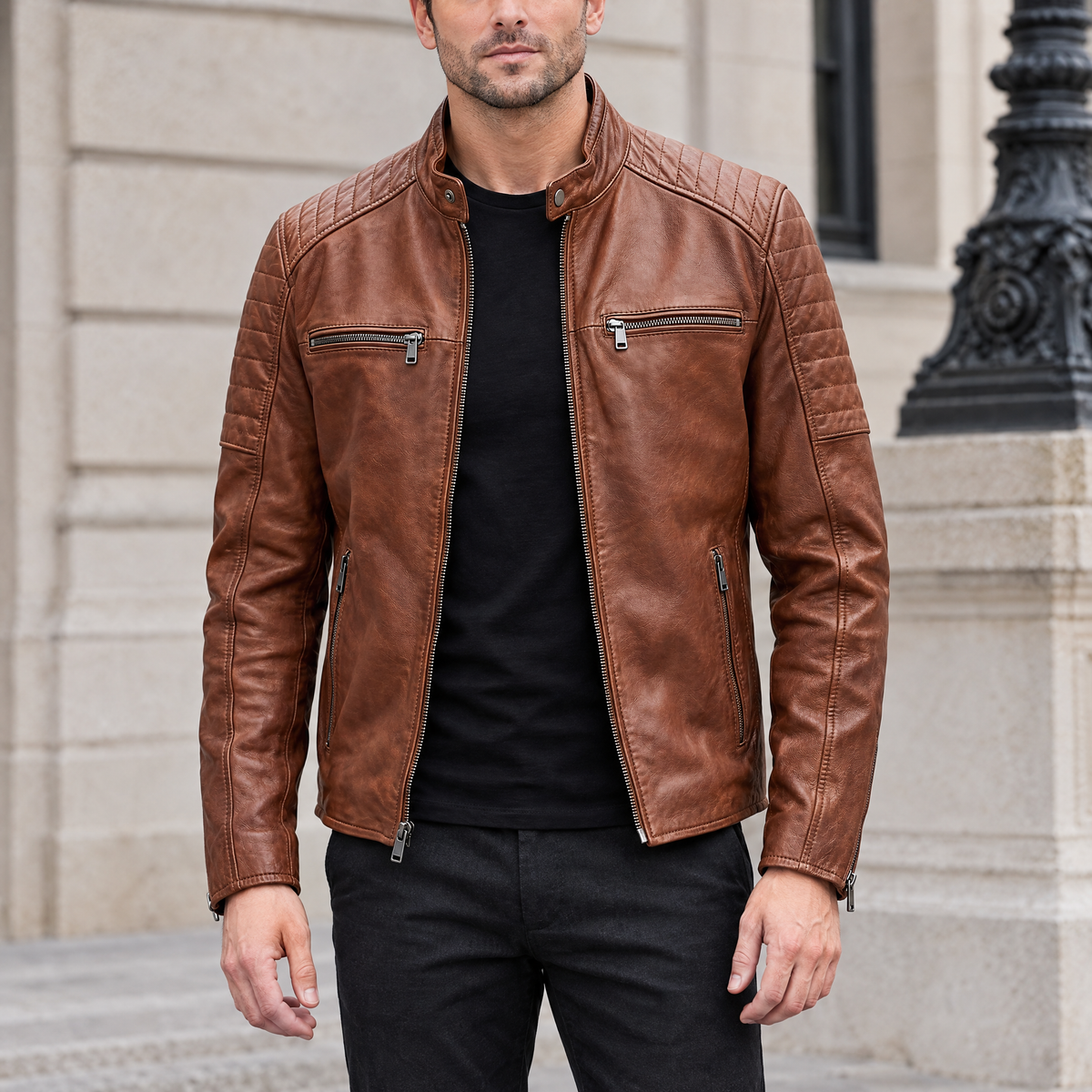 Men's Lance Collarless Moto Jacket — Brown — hero