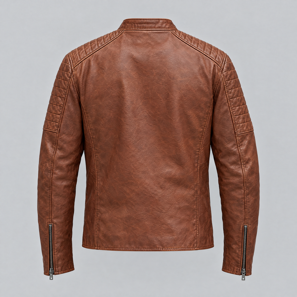 Men's Lance Collarless Moto Jacket — Brown — product-back