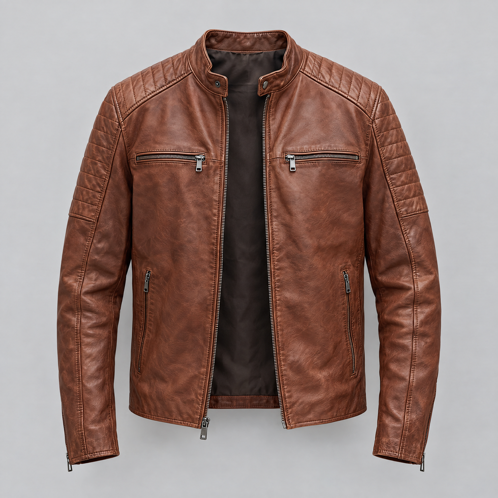 Men's Lance Collarless Moto Jacket — Brown — product-front