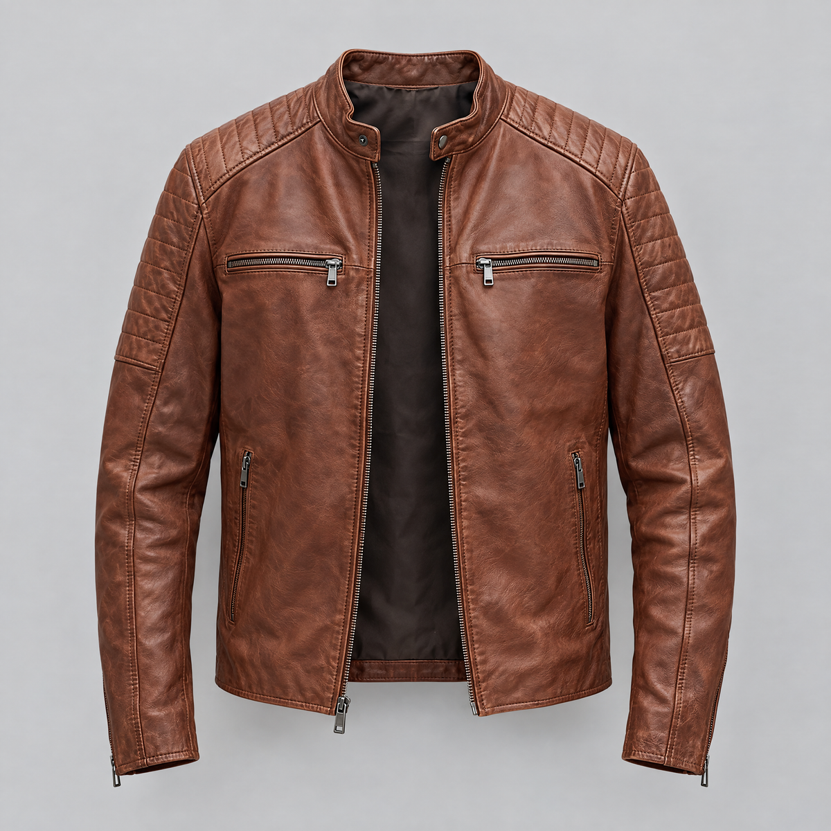 Men's Lance Collarless Moto Jacket — Brown — product-front