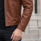 Men's Lance Collarless Moto Jacket — Brown — sleeve-detail