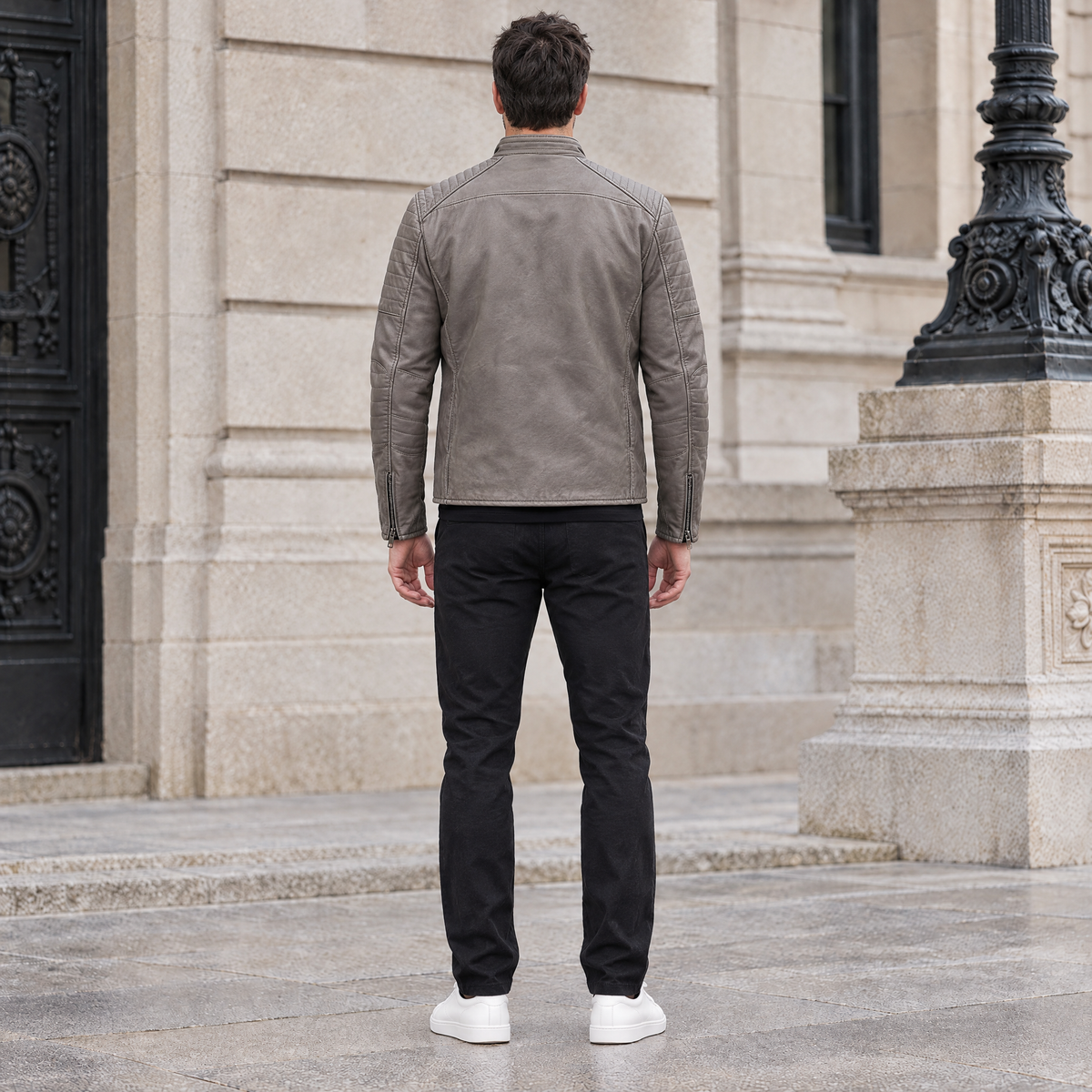 Men's Lance Collarless Moto Jacket — Grey — full-body-back