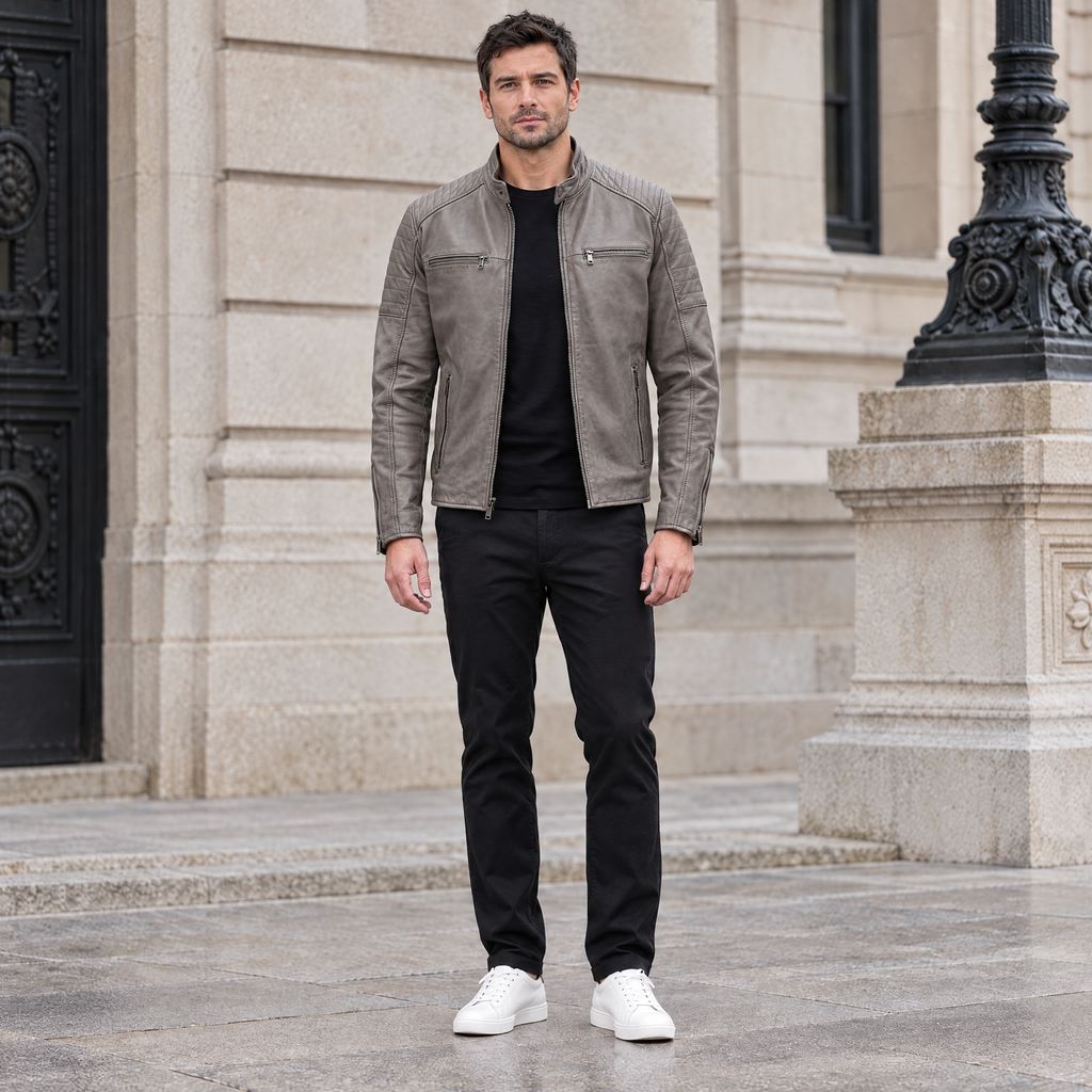 Men's Lance Collarless Moto Jacket — Grey — full-body-front