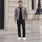 Men's Lance Collarless Moto Jacket — Grey — full-body-front