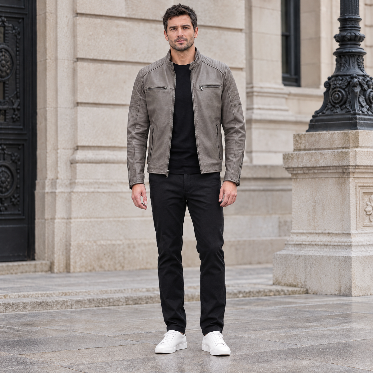 Men's Lance Collarless Moto Jacket — Grey — full-body-front