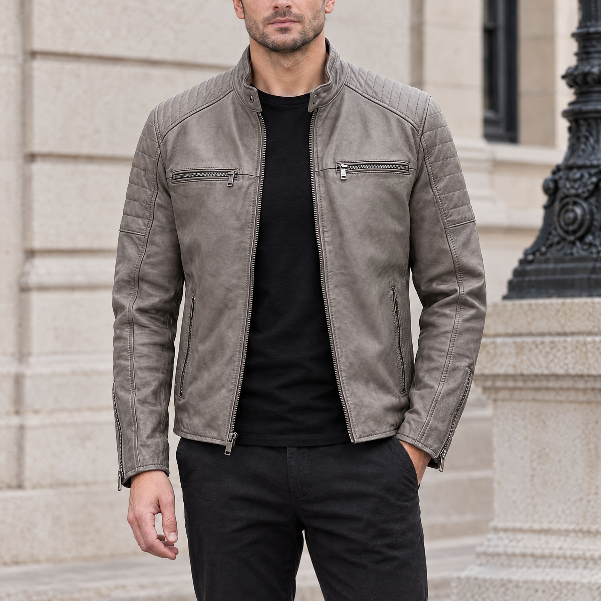 Men's Lance Collarless Moto Jacket — Grey — hero