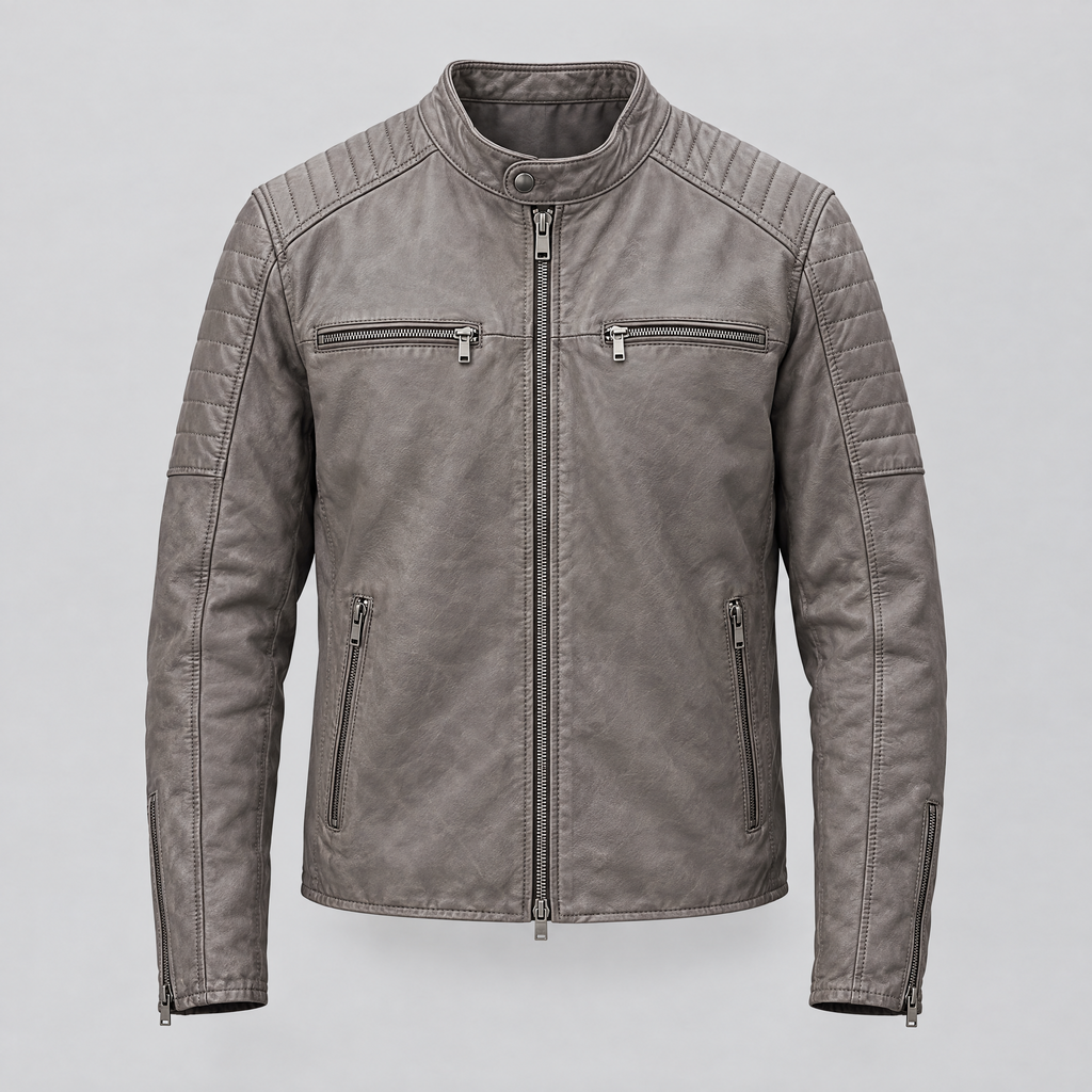 Men's Lance Collarless Moto Jacket — Grey — product-front