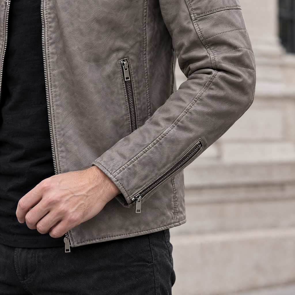 Men's Lance Collarless Moto Jacket — Grey — sleeve-detail