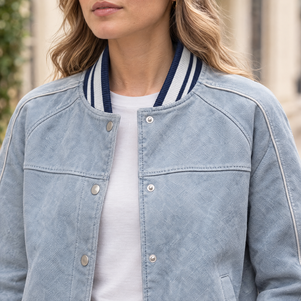 Women's Lena Leather Denim Varsity Jacket — Light Blue Wash — chest-detail