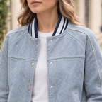 Women's Lena Leather Denim Varsity Jacket — Light Blue Wash — chest-detail