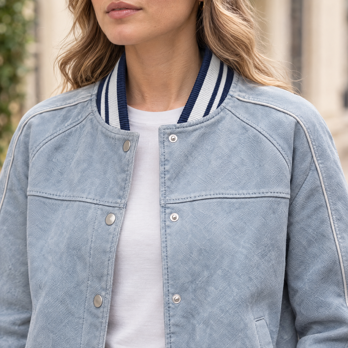 Women's Lena Leather Denim Varsity Jacket — Light Blue Wash — chest-detail