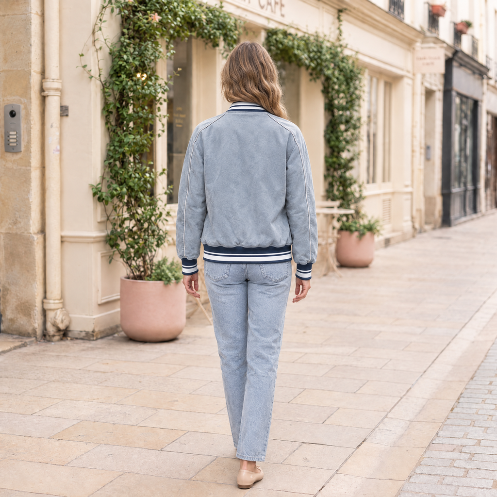 Women's Lena Leather Denim Varsity Jacket — Light Blue Wash — full-body-back