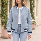 Women's Lena Leather Denim Varsity Jacket — Light Blue Wash — hero