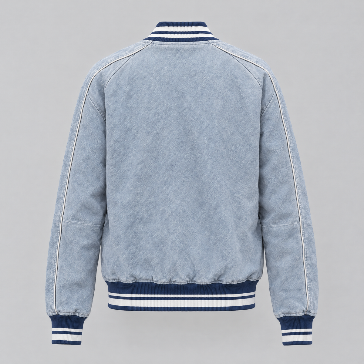 Women's Lena Leather Denim Varsity Jacket — Light Blue Wash — product-back