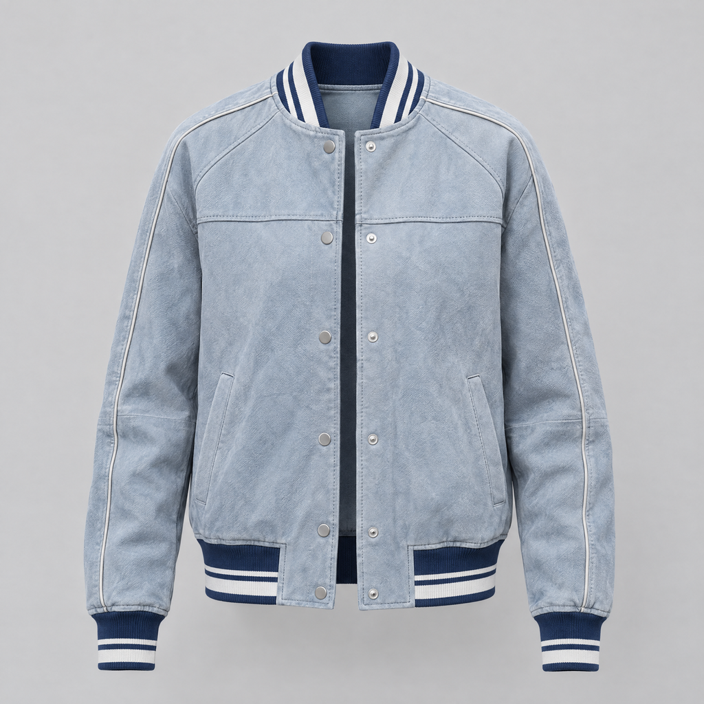 Women's Lena Leather Denim Varsity Jacket — Light Blue Wash — product-front