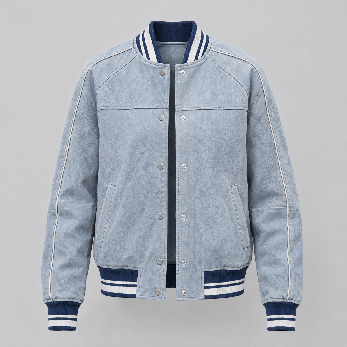Women's Lena Leather Denim Varsity Jacket — Light Blue Wash — product-front