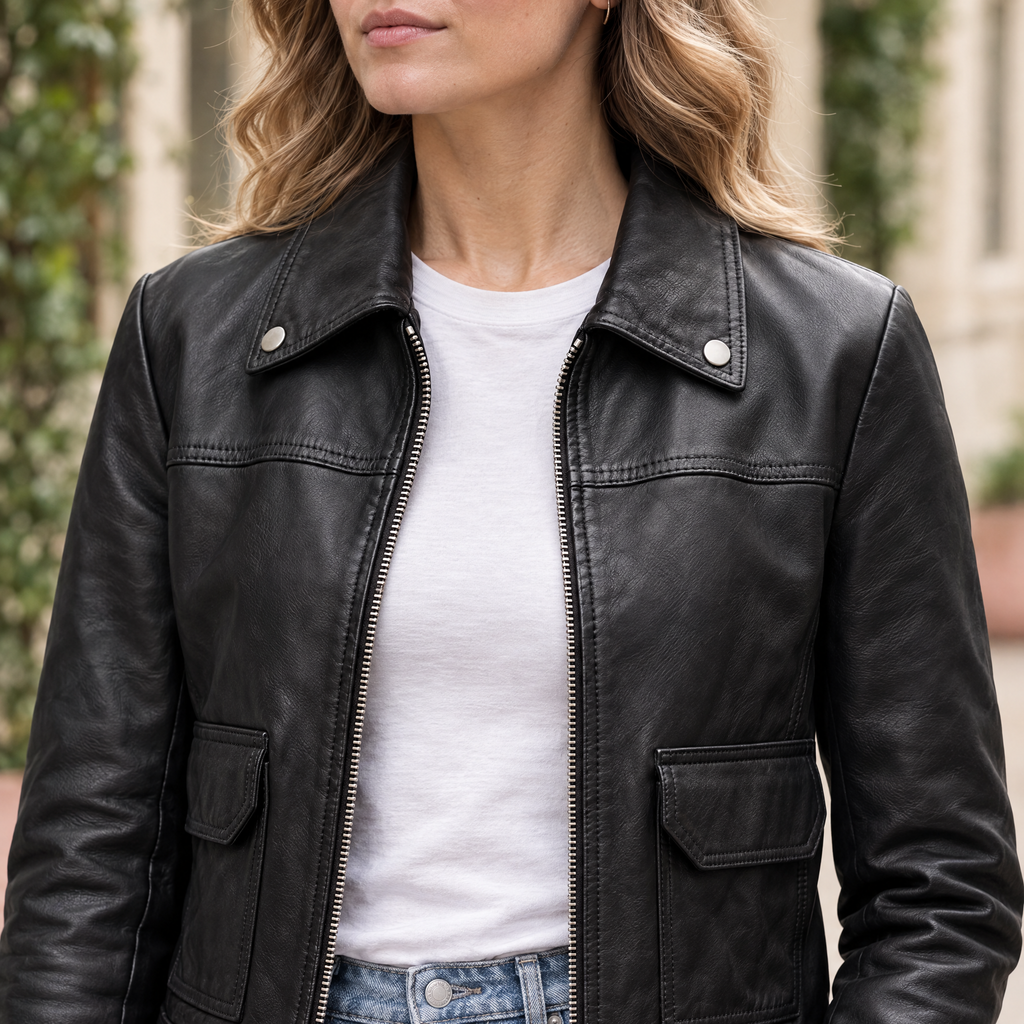 Women's Lunetta Leather Trucker Jacket — Black — chest-detail