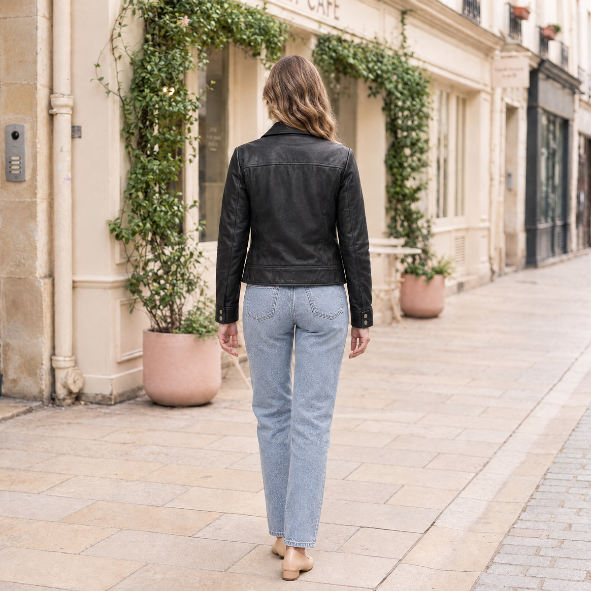 Women's Lunetta Leather Trucker Jacket — Black — full-body-back