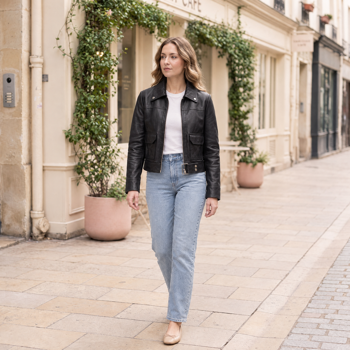 Women's Lunetta Leather Trucker Jacket — Black — full-body-front