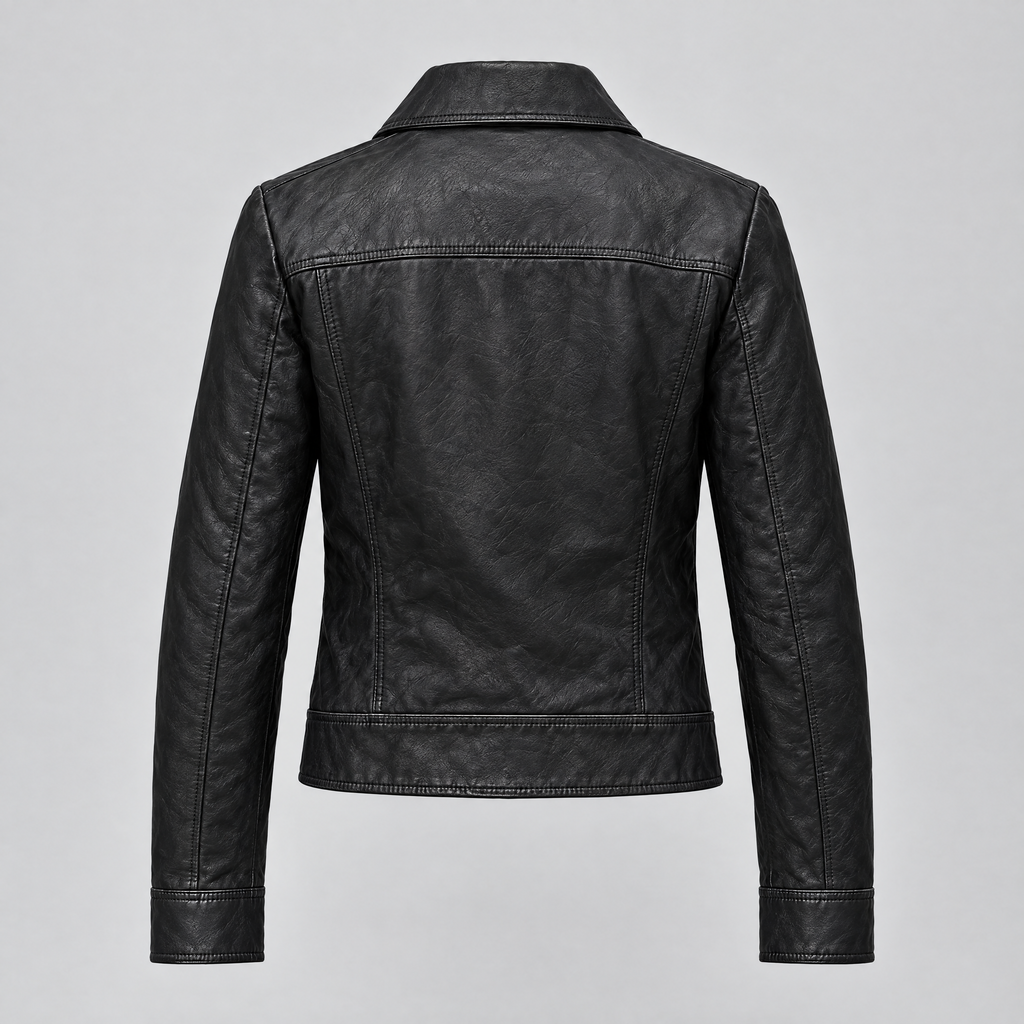 Women's Lunetta Leather Trucker Jacket — Black — product-back