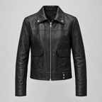 Women's Lunetta Leather Trucker Jacket — Black — product-front