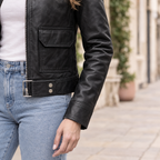 Women's Lunetta Leather Trucker Jacket — Black — sleeve-detail