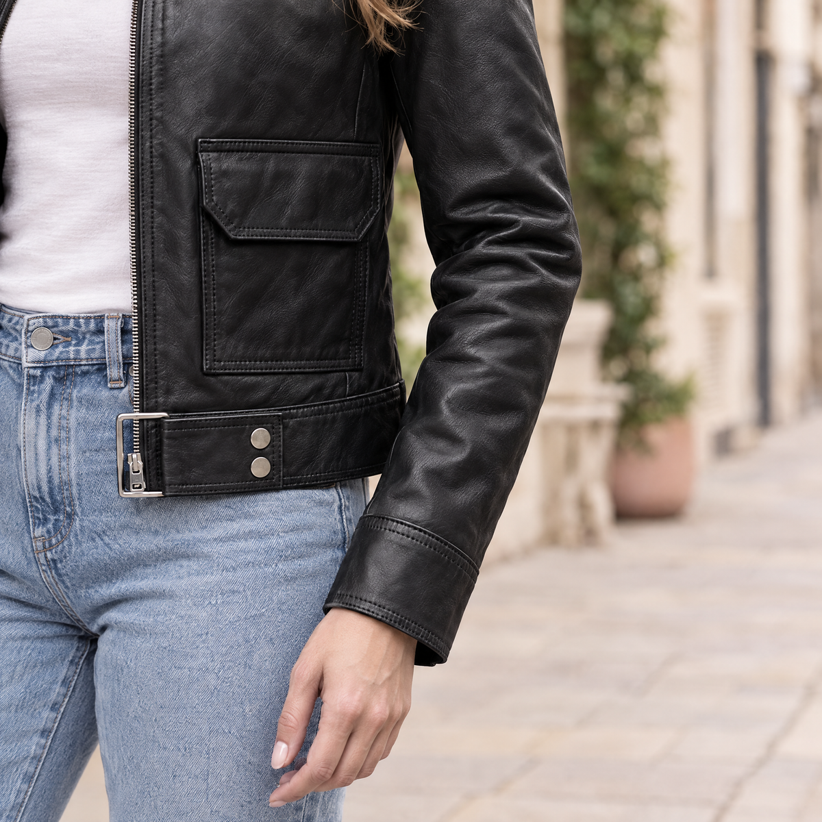 Women's Lunetta Leather Trucker Jacket — Black — sleeve-detail