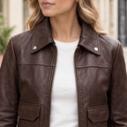 Women's Lunetta Leather Trucker Jacket — Chocolate — chest-detail