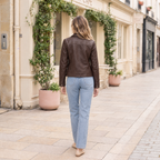 Women's Lunetta Leather Trucker Jacket — Chocolate — full-body-back
