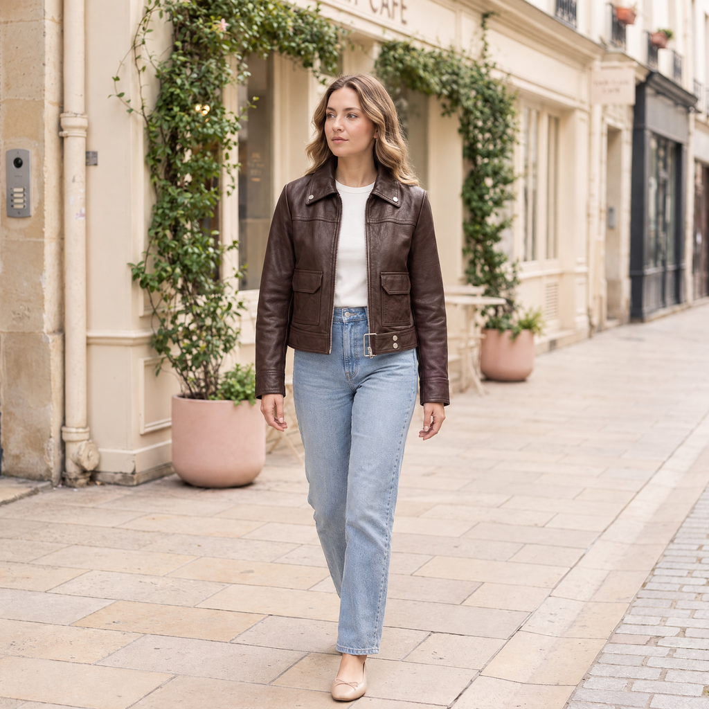 Women's Lunetta Leather Trucker Jacket — Chocolate — full-body-front
