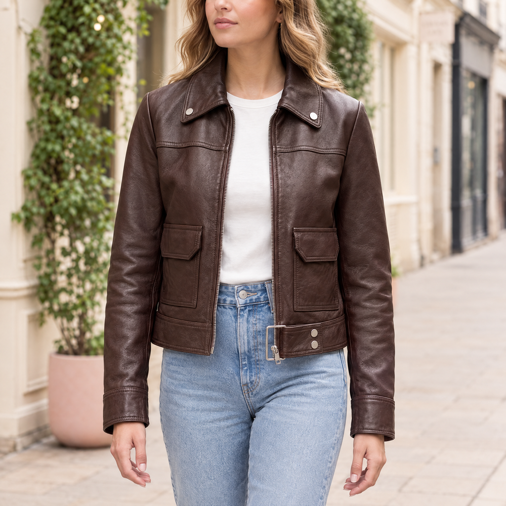 Women's Lunetta Leather Trucker Jacket — Chocolate — hero